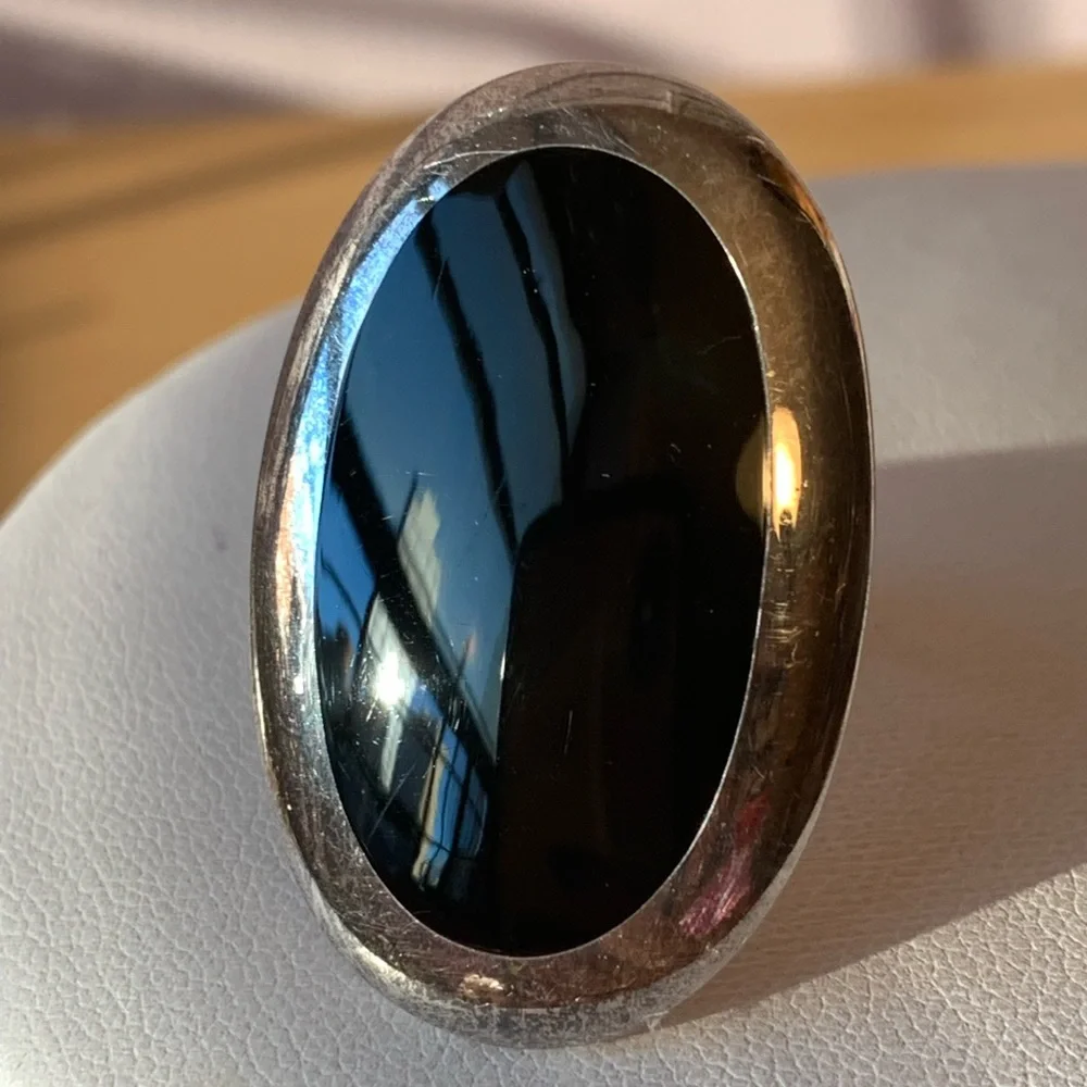 VINTAGE LARGE BLACK STONE RING 925 STERLING SILVER STATEMENT